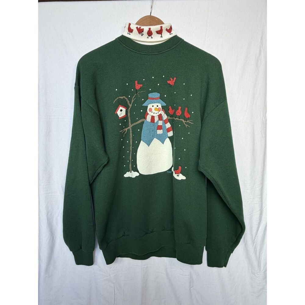 Vintage 90s Orvis Snowman & Cardinals Mock Neck Sweater